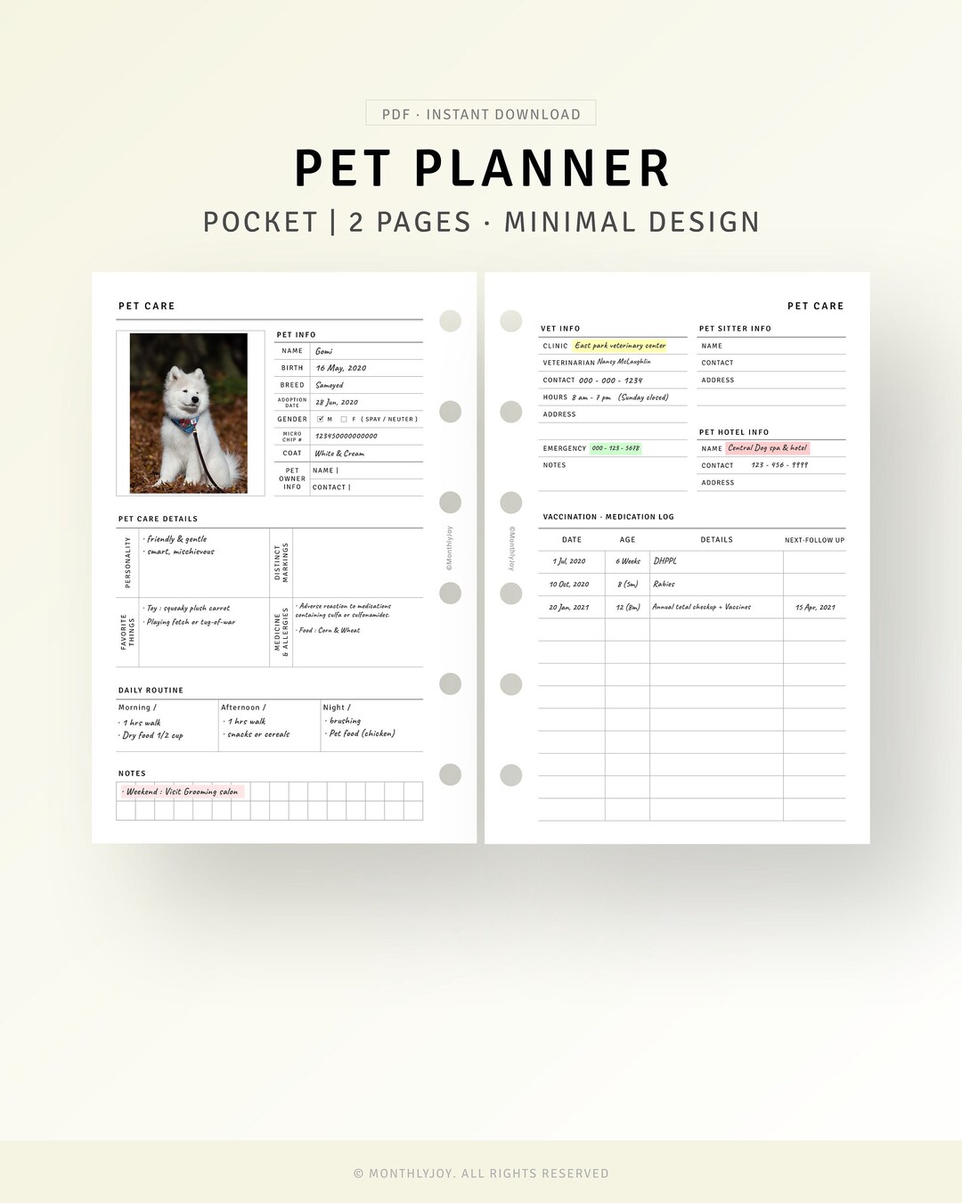 Pet Care Puppy Planner Printable Pocket Ring Inserts, Pet Health Record ...