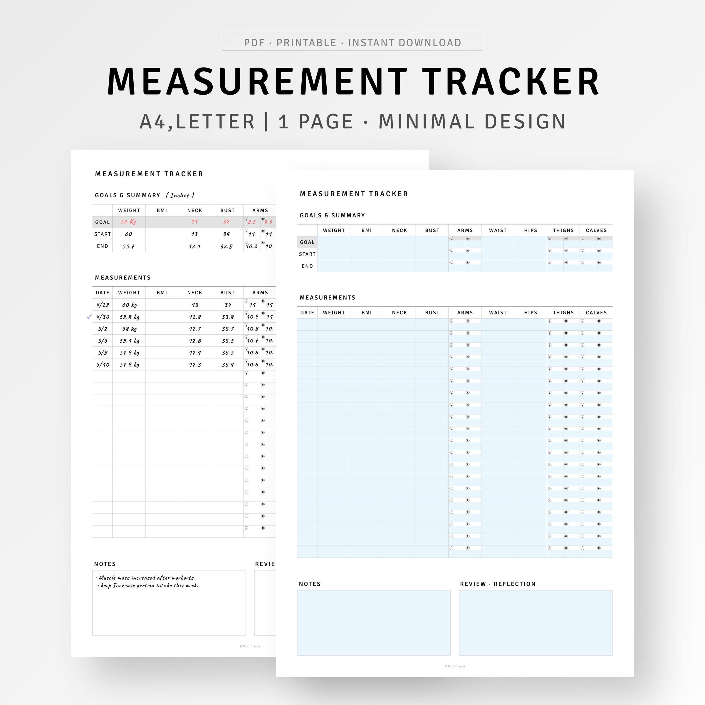 Body Measurement Tracker Printable A4/letter Planner, Weight Loss ...