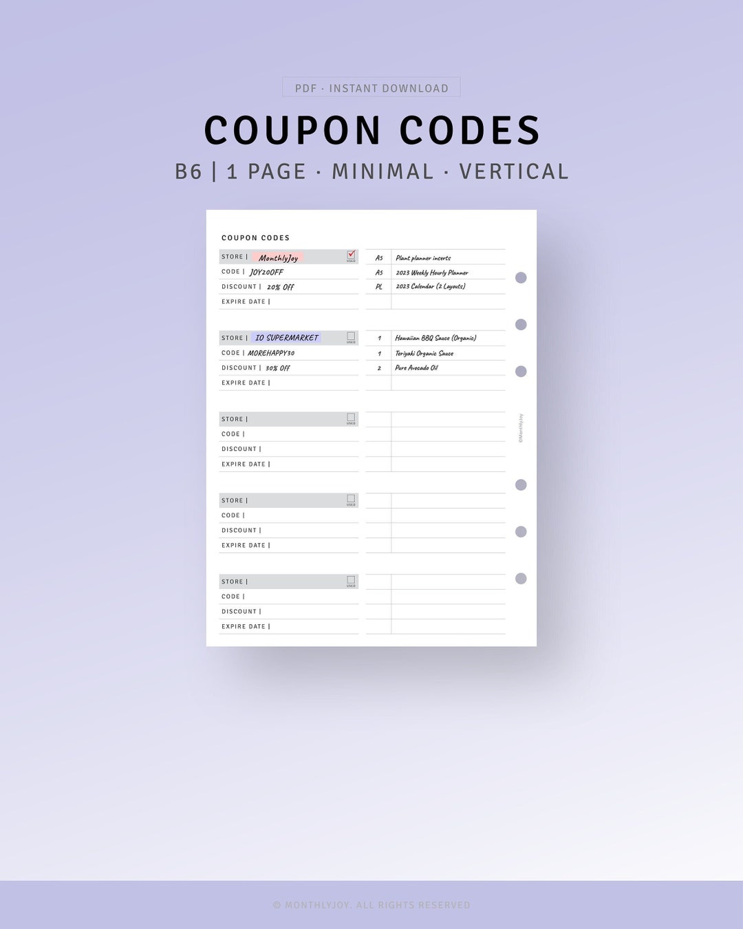 B6 Ring, Coupon Codes Tracker, Shopping Discount Code Log Template