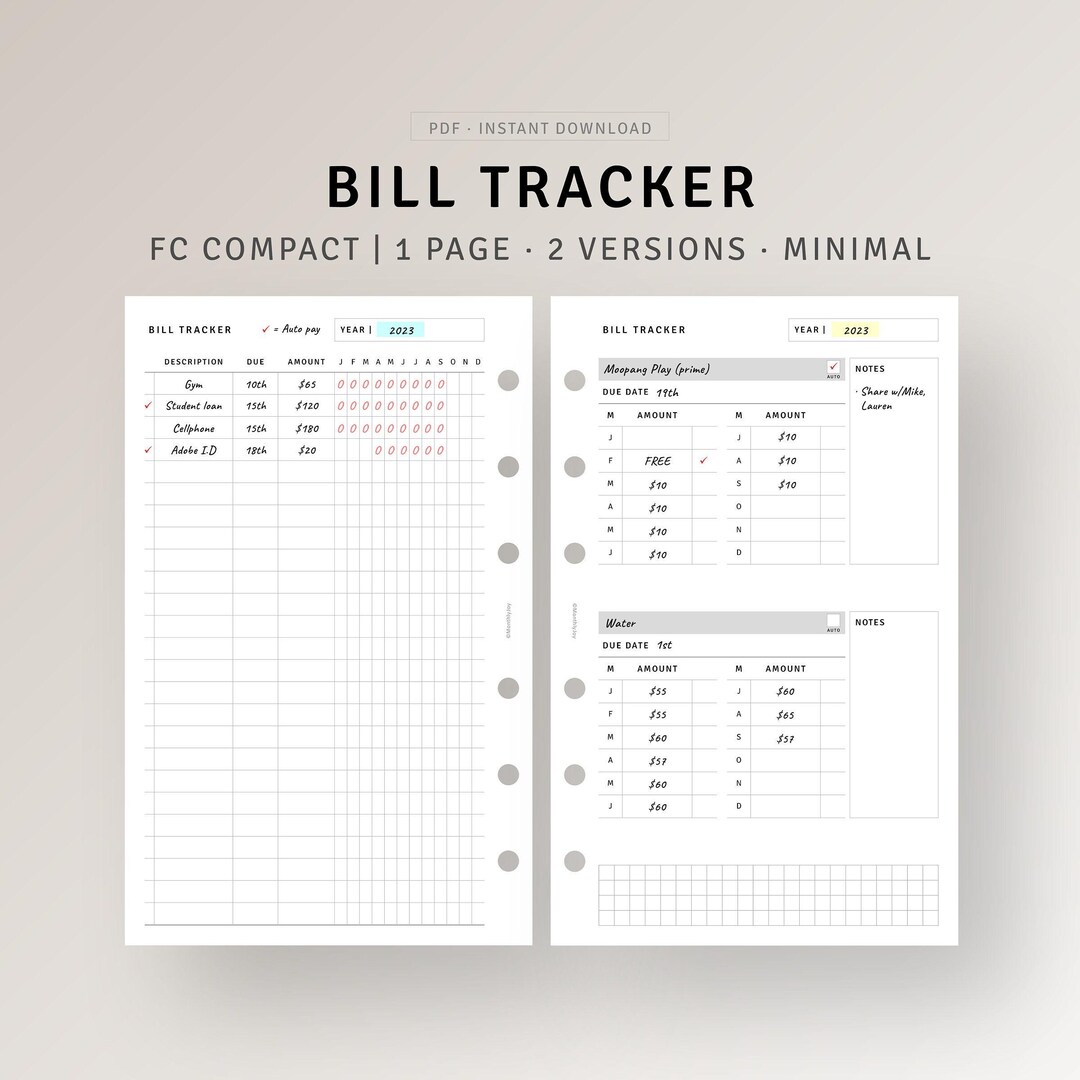 Bill Tracker Printable FC Compact Inserts, Spending Log Template ...