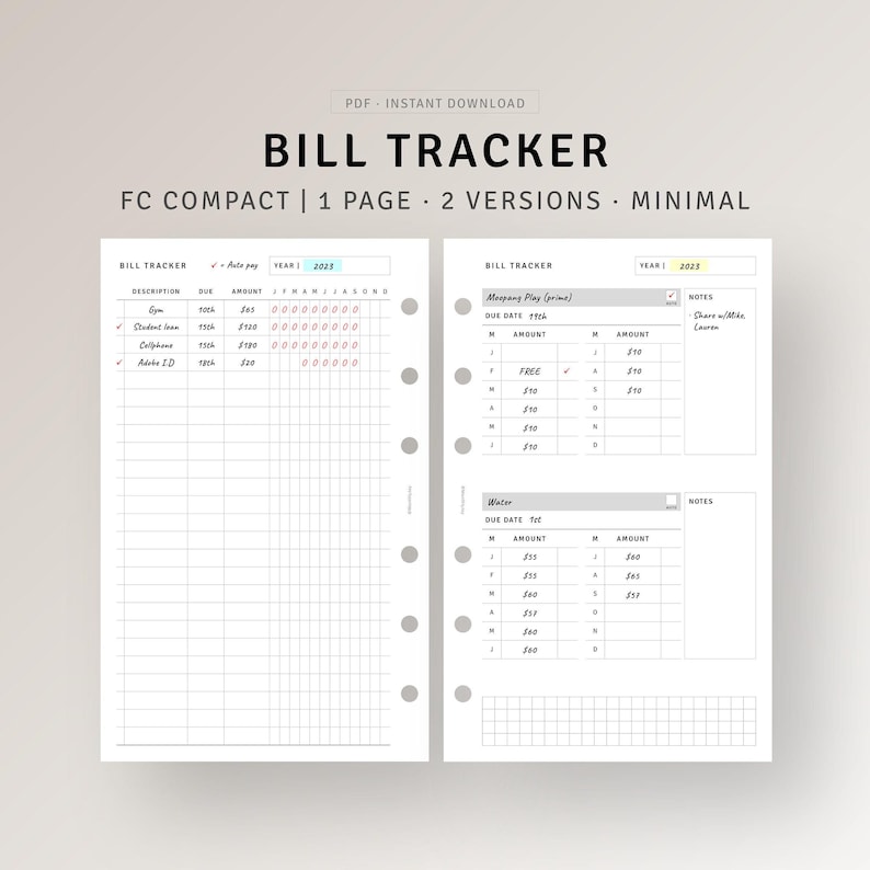 Bill Tracker Printable FC Compact Inserts, Spending Log Template ...