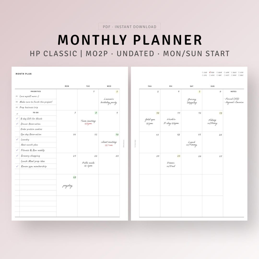 Undated Monthly Planner on 2 Pages Printable Month at A Glance, Blank ...
