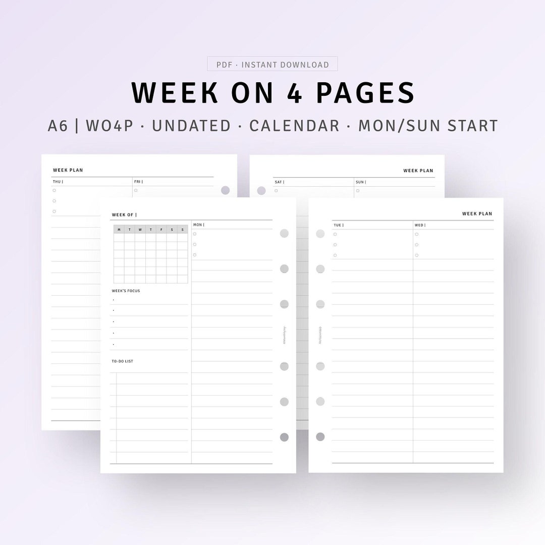 A6 Ring, Week on 4 Pages Printable Undated Weekly Planner With Calendar ...
