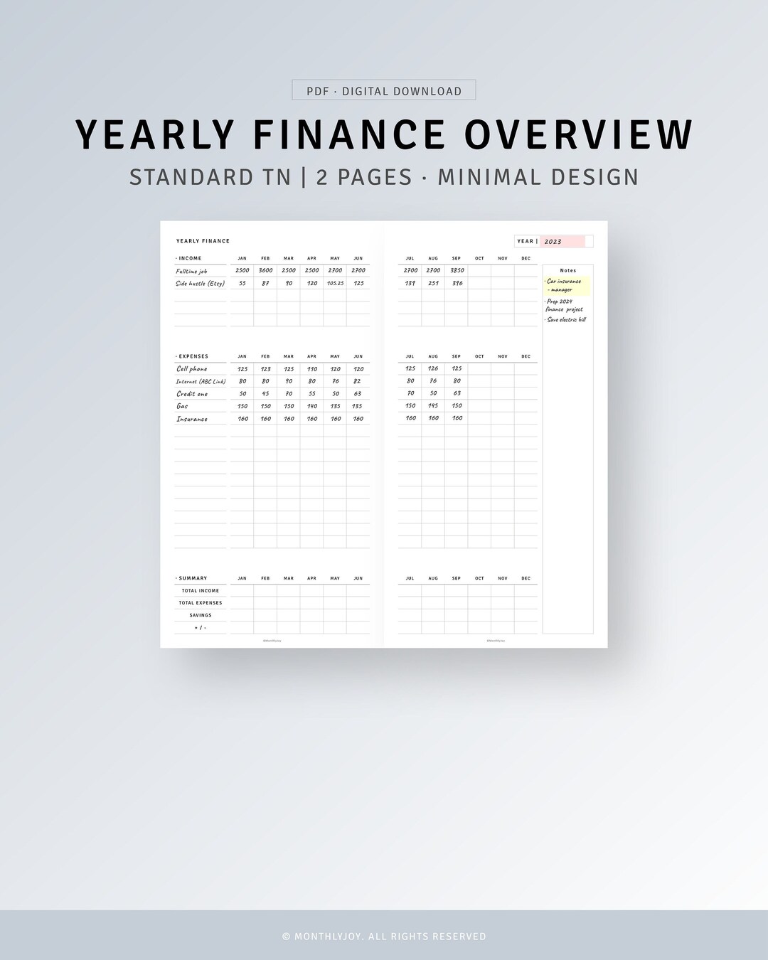 TN Standard Yearly Finance Overview Printable Bill Organizer,