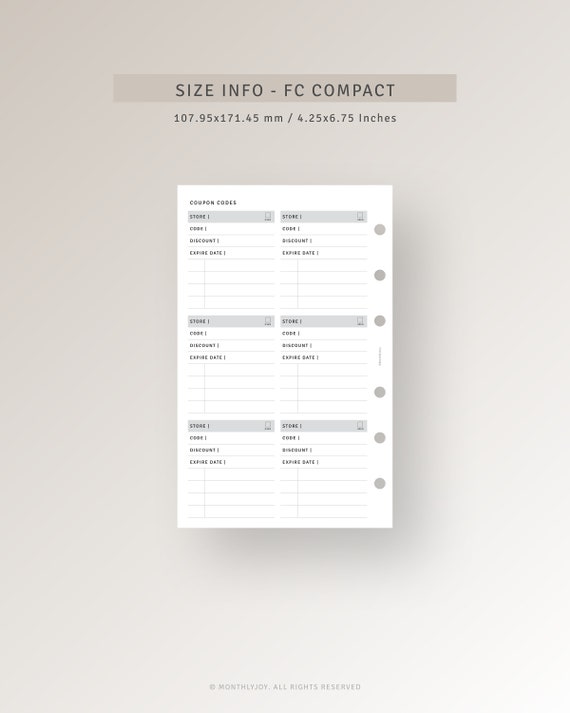 Coupon Codes Tracker FC Compact Inserts Printable Shopping Discount Code Tracker Template, Store Sale Coupon Code Checklist Organizer