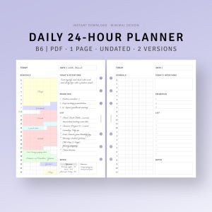 May include: A digital daily 24-hour planner template in B6 size, featuring two versions with sections for schedule, intentions, priorities, lists, and notes. The left version shows filled-in colorful blocks and handwritten text, while the right version is blank.