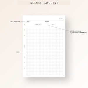 May include: A white gridded page with a section for date, weather, and a journal entry. The text "TODAY WAS A" and "DAY!" are written in the weather section. The text "WRITE YOUR MOOD ex) TODAY WAS A HAPPY DAY!" is written in the journal section.
