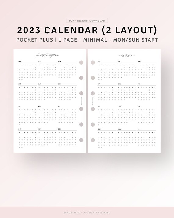Calendar 2023 Printable Pocket Plus Inserts Year on One Page - Etsy