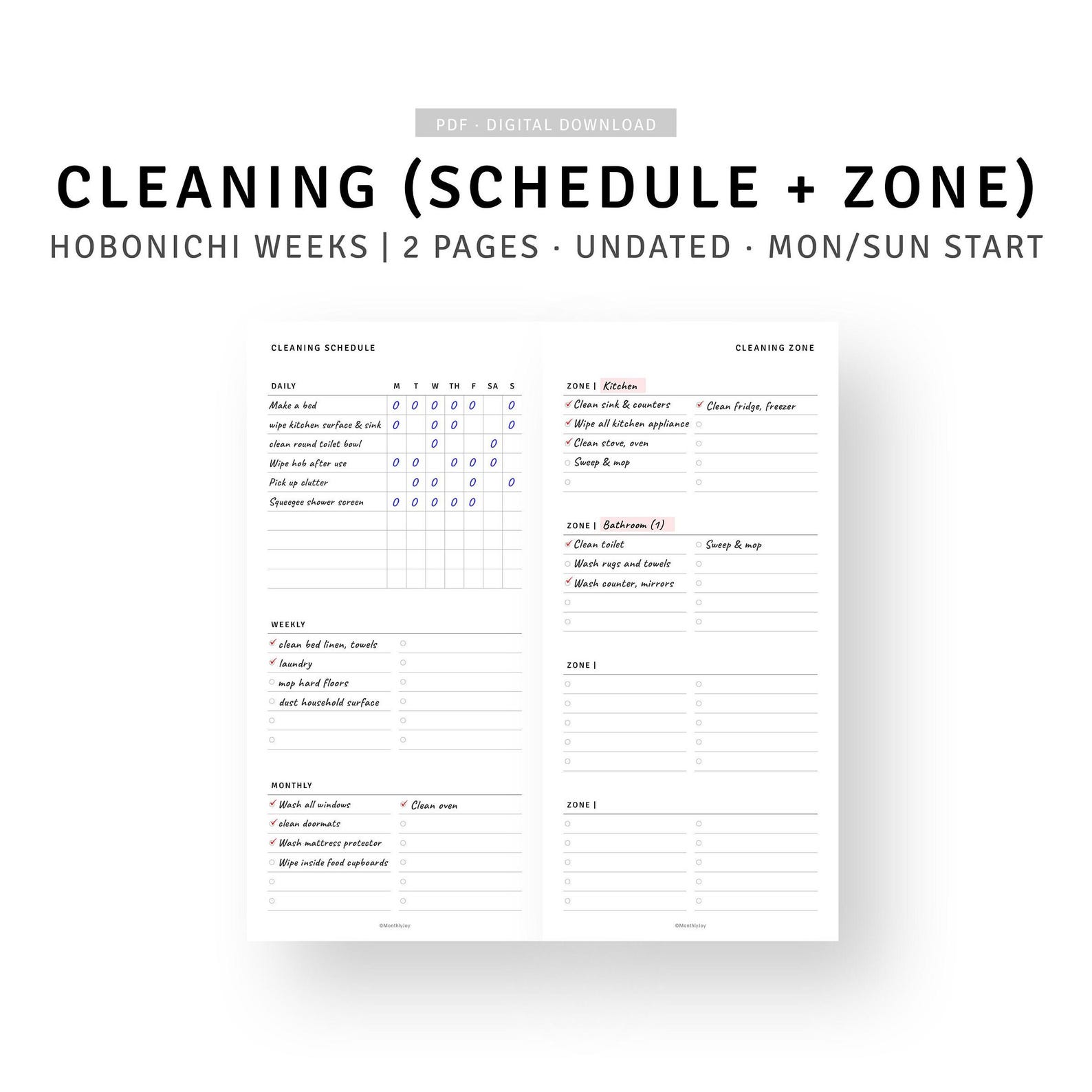 Weekly Cleaning Schedule Planner Printable Hobonichi Weeks Inserts ...