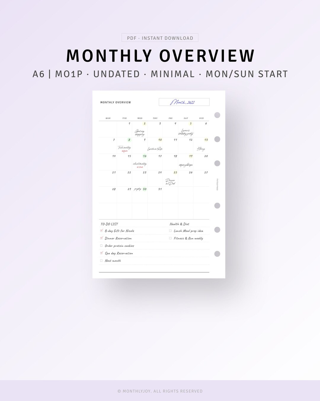 Undated Monthly Planner A6 Inserts Printable, Monthly Template Refill ...