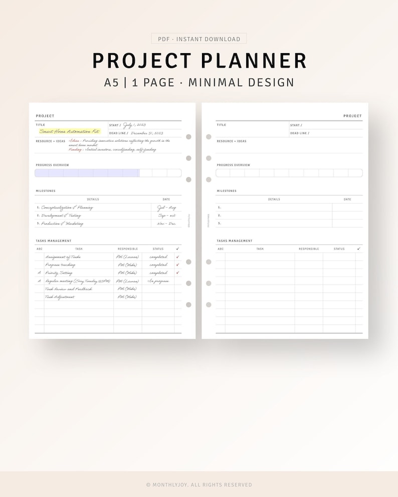 A5 Inserts, Project Planner Tracker Printable Project Management Sheet ...