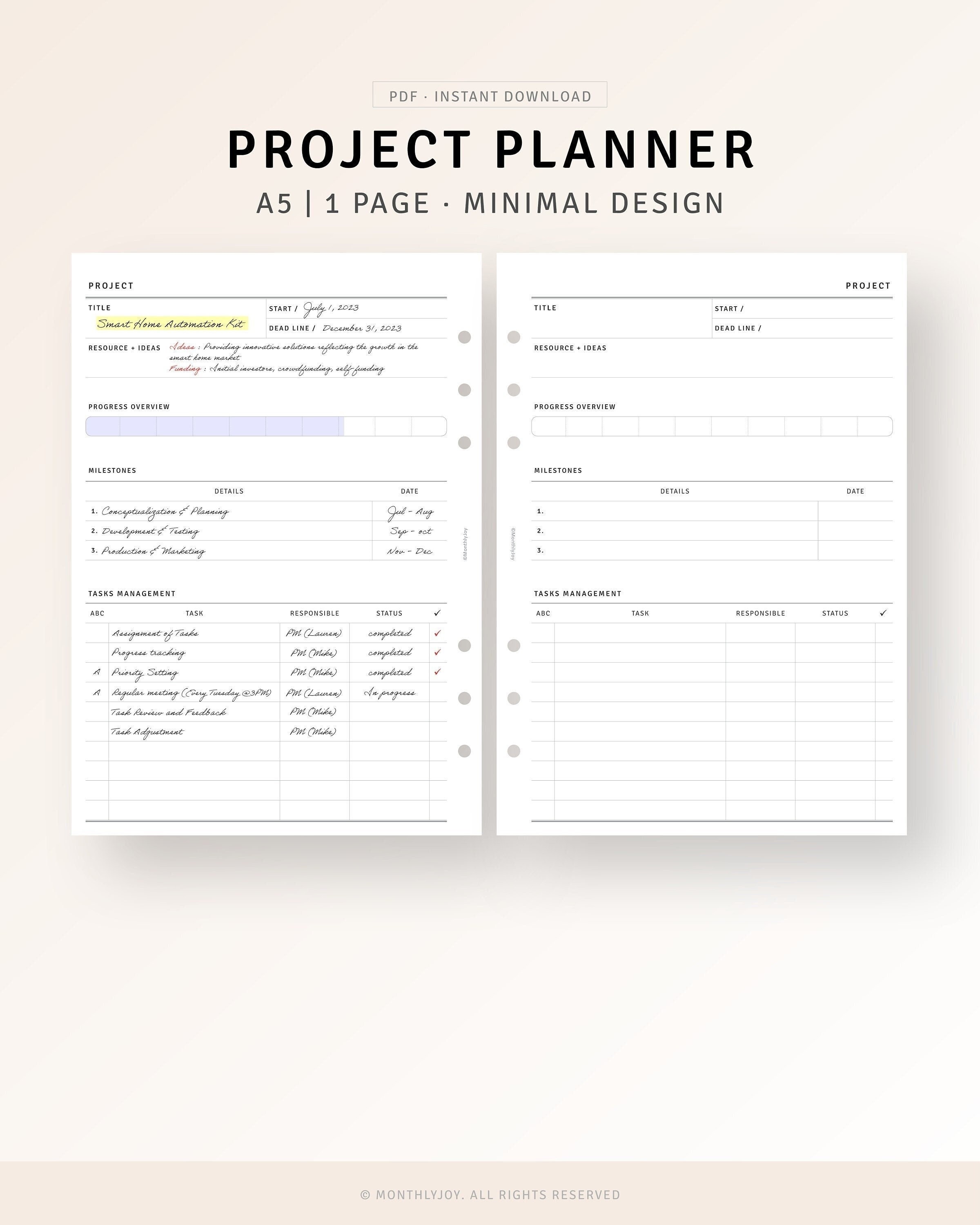 A5 Inserts, Project Planner Tracker Printable Project Management Sheet, Office Task Project Schedule Progress Timeline, Instant Download PDF