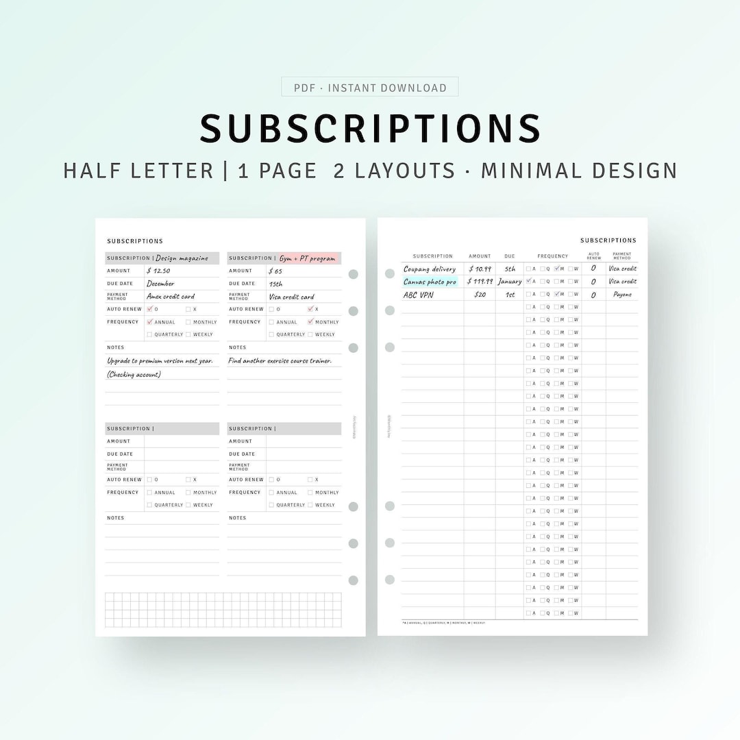 Subscription Tracker Printable Half Size Inserts, Membership Checklist ...