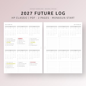 May include: A 2027 future log planner template featuring two pages with a clean, black and white layout. The document displays monthly calendar grids for the entire year, including lined sections for notes, with some entries highlighted in yellow and pink.