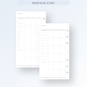 May include: Two blank monthly planner pages with a grid layout. The pages are designed for a planner with a Monday/Sunday start week. The pages include sections for priorities, to-do list, and notes.