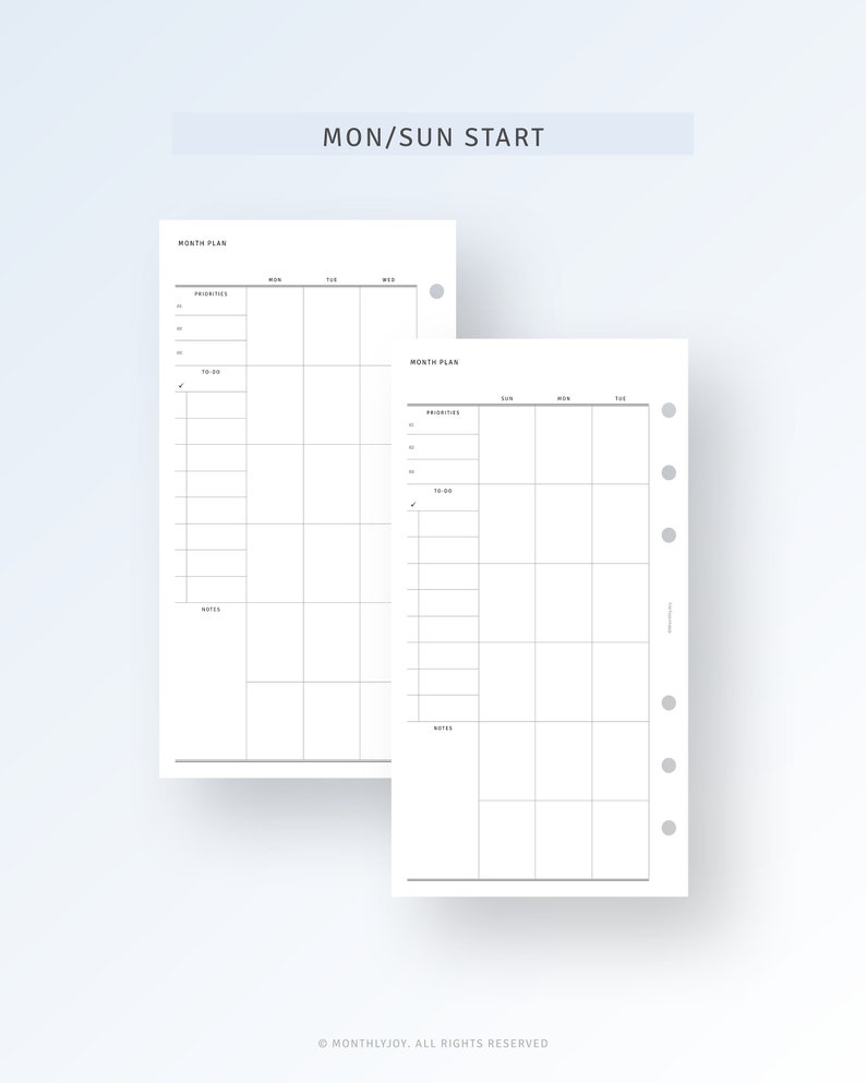 May include: Two blank monthly planner pages with a grid layout. The pages are designed for a planner with a Monday/Sunday start week. The pages include sections for priorities, to-do list, and notes.