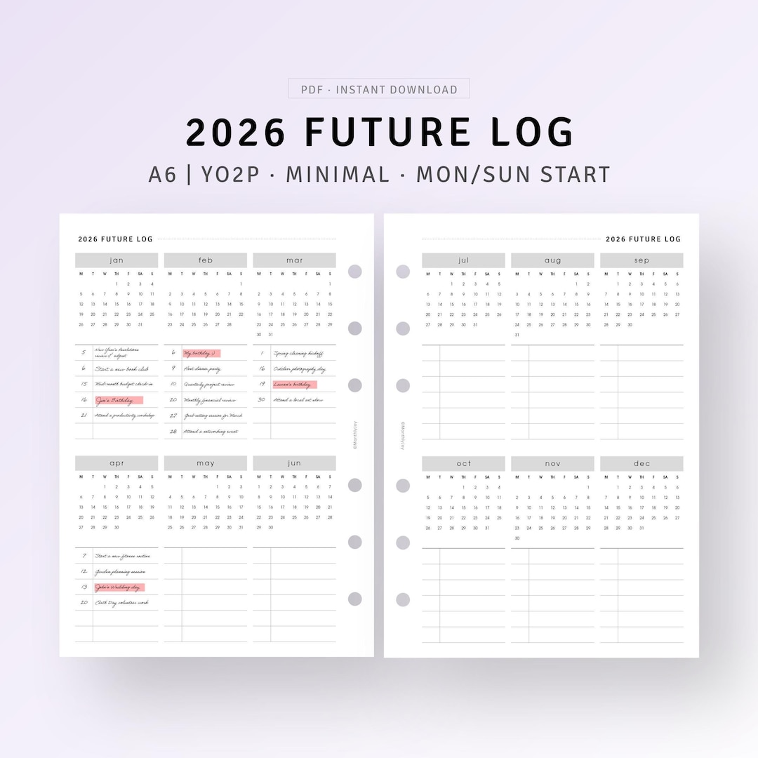 2026 Future Log Printable A6 Size Inserts, Yearly Overview Calendar ...