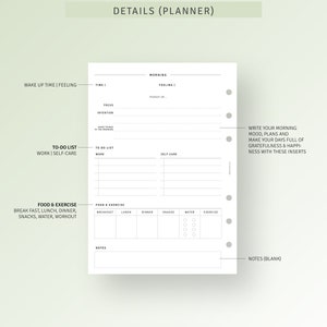 Peut inclure: Une page de planificateur noir et blanc avec le titre "D&eacute;tails (Planificateur)". La page est divis&eacute;e en sections pour le matin, la liste des choses &agrave; faire, la nourriture et l'exercice, et les notes. La page a un design minimaliste avec un fond blanc et du texte noir.
