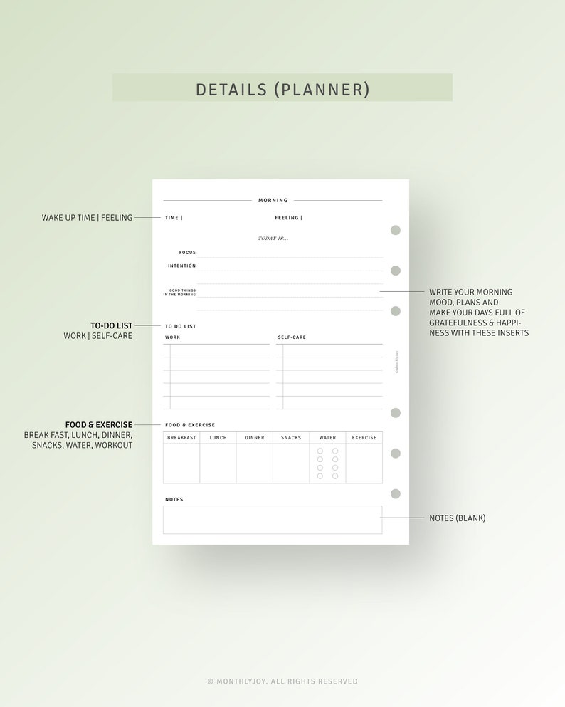 Peut inclure: Une page de planificateur noir et blanc avec le titre "D&eacute;tails (Planificateur)". La page est divis&eacute;e en sections pour le matin, la liste des choses &agrave; faire, la nourriture et l'exercice, et les notes. La page a un design minimaliste avec un fond blanc et du texte noir.