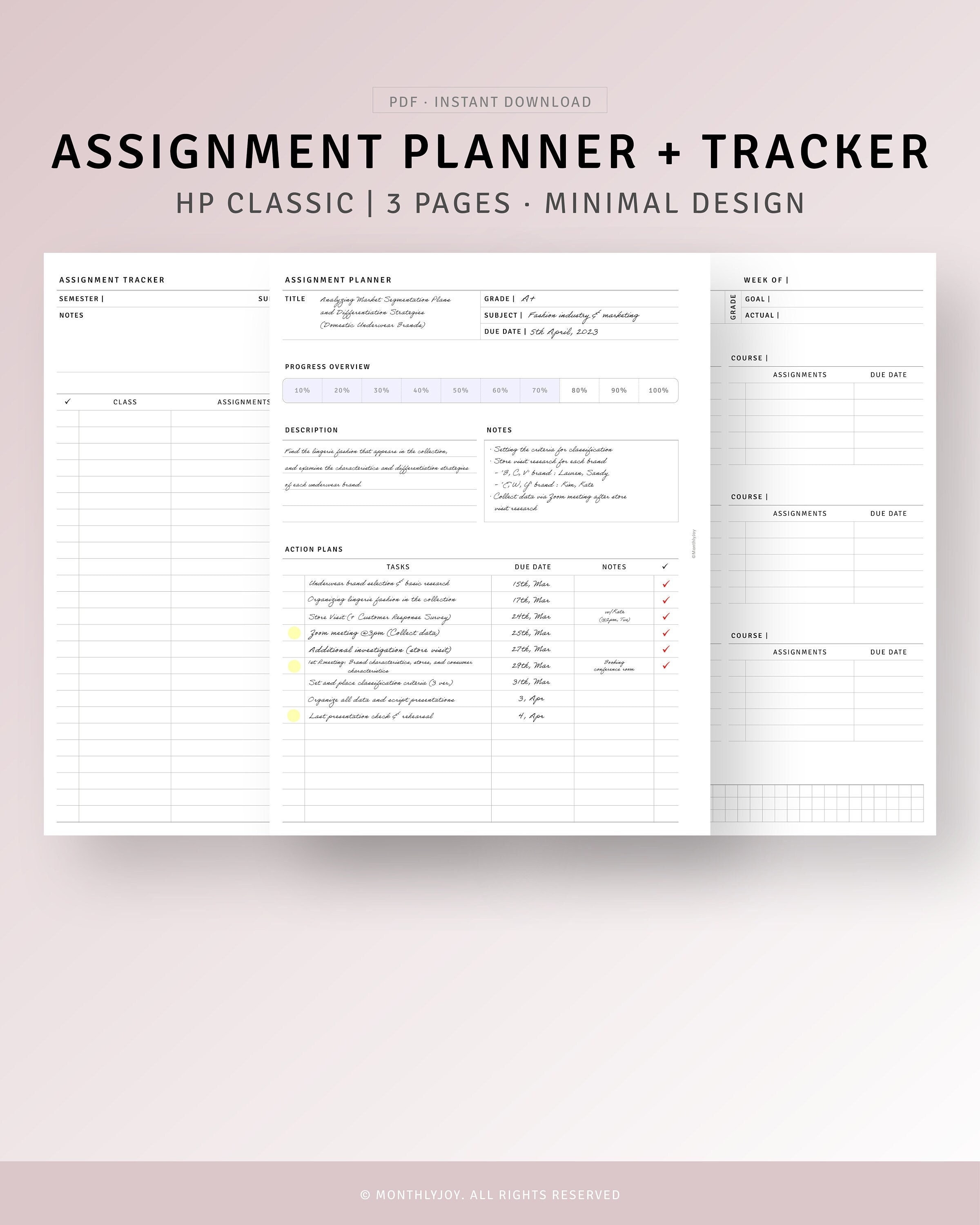 Assignment Planner Printable Homework Tracker for Student, College Study Planner, Grade Log, HP Classic Ring Inserts, Instant Download PDF