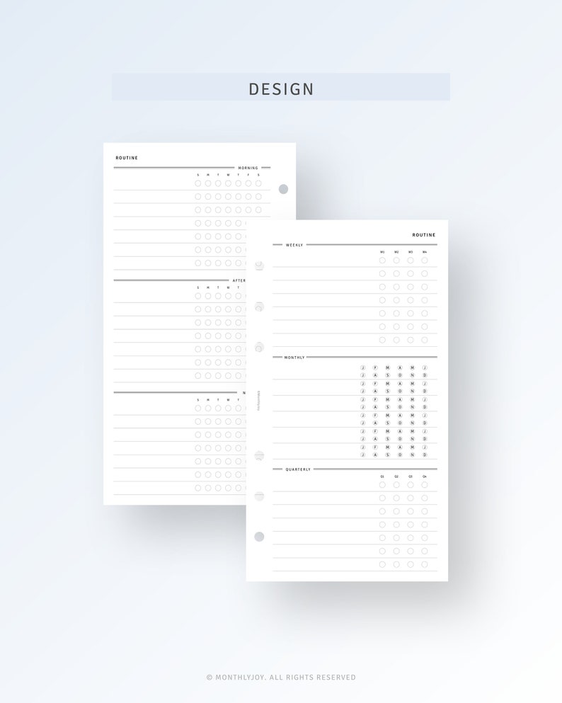 May include: A printable planner page with a routine section, a weekly section, a monthly section, and a quarterly section. The page is designed for use with a disc bound planner.