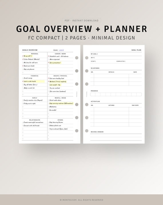 Life Goal Setting Planner Printable FC Compact Inserts, Vision Board for Minimalist, Yearly Monthly Goal Overview, Instant Download PDF