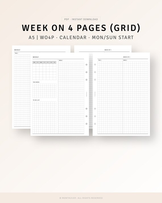 a5-inserts-week-on-4-pages-printable-undated-weekly-planner-with-calendar-weekly-agenda-overview-to-do-list-hobo-style-weekly-layout-etsy