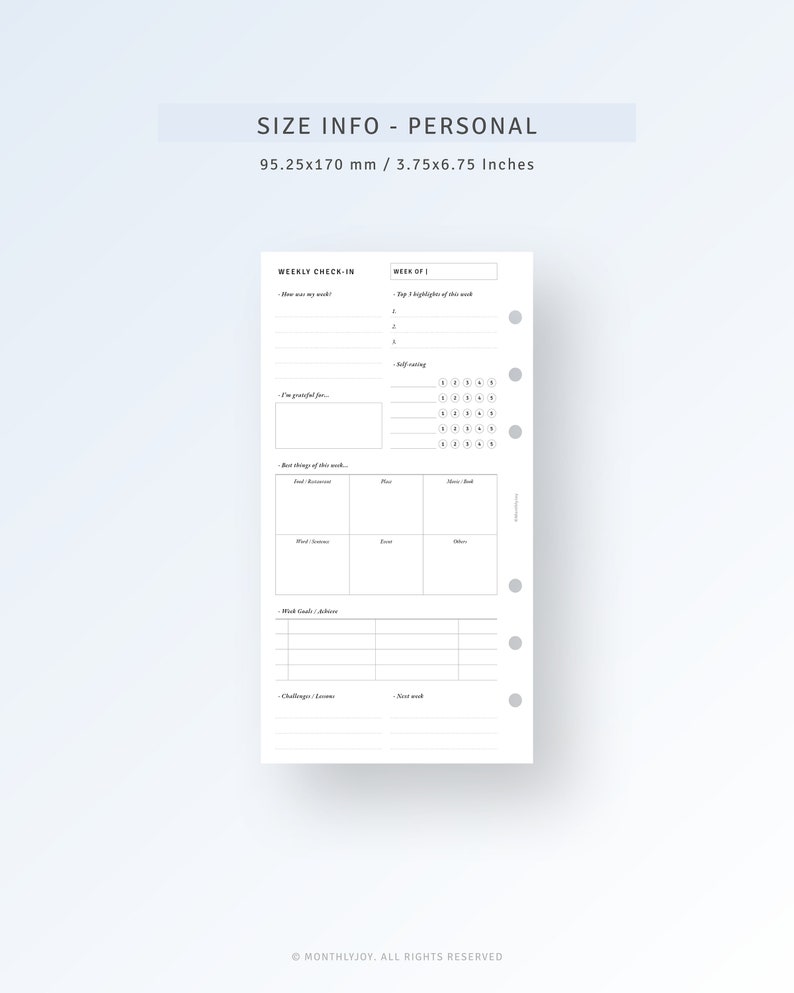 May include: A black and white printable weekly planner page with the text "Weekly Check-In" and "Week of 1". The page is 3.75 inches by 6.75 inches and includes sections for "How was my week?", "I'm grateful for", "Best things of this week", "Mind Goals/Actions", and "Challenges/Lessons".