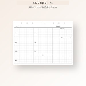A5 Size, Week on One Page Printable Undated Weekly Planner Pages PDF ...