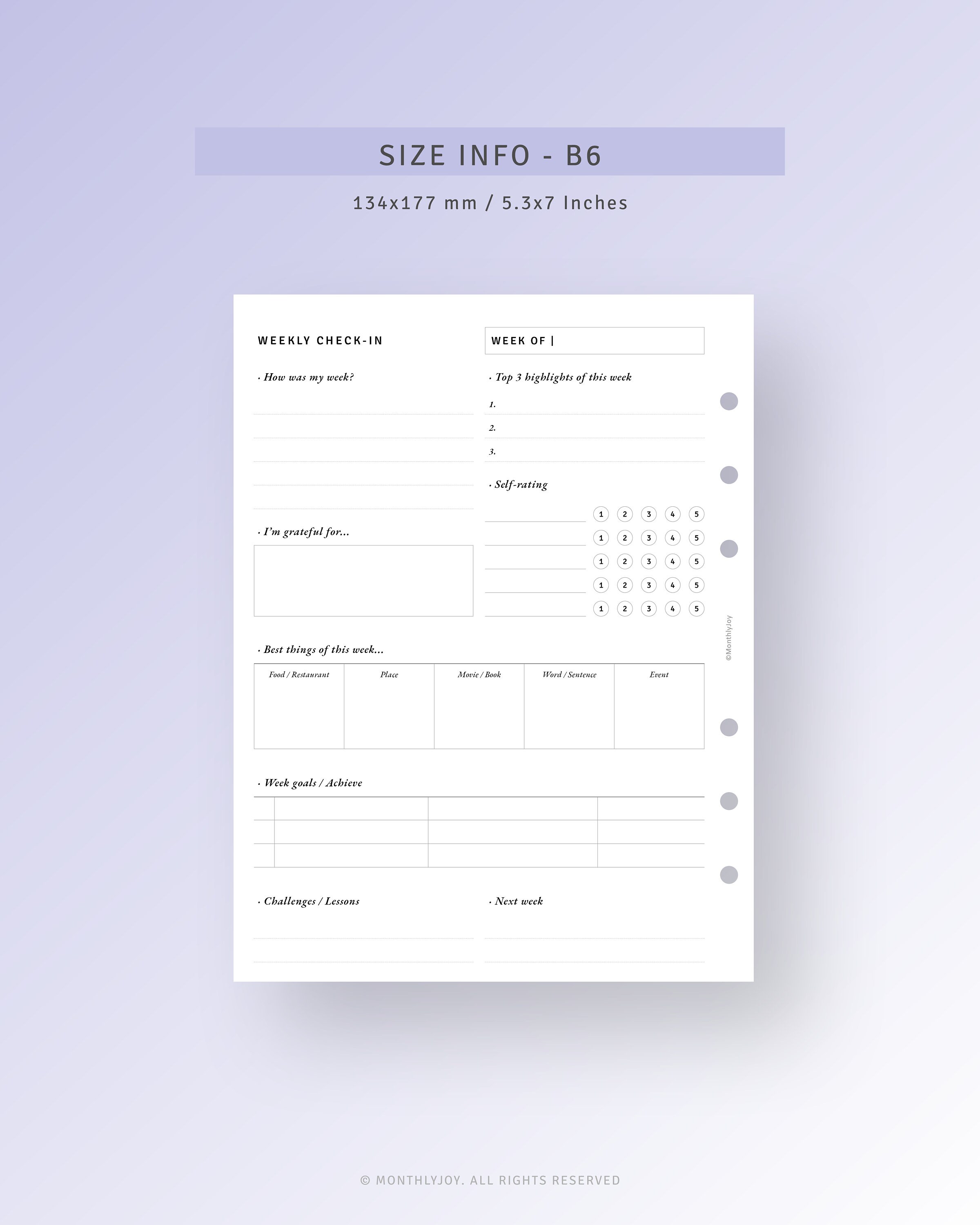 Weekly Reflection Template Printable B6 Inserts, Week in Review, Goal