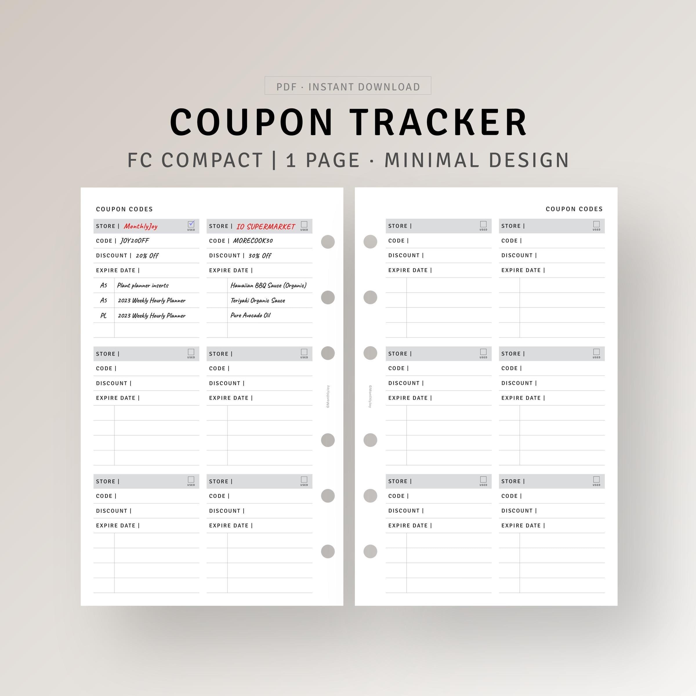 Rastreador de cupons, organizador de códigos de desconto para impressão, planejador de orçamento financeiro, compatível com Franklin Covey Compact, download instantâneo em PDF