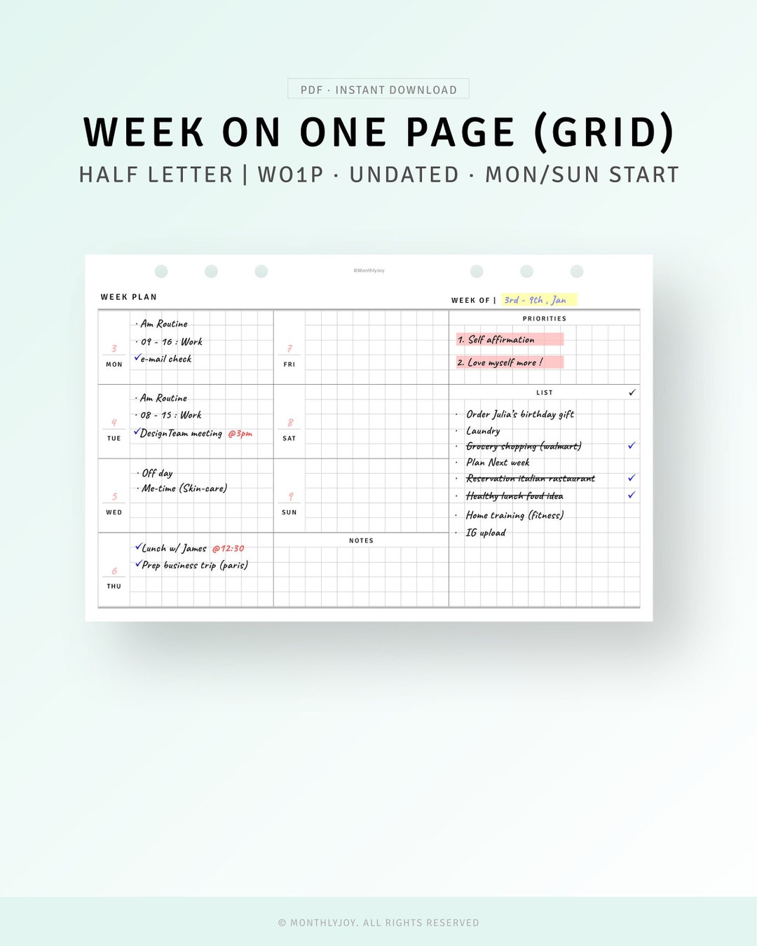 Undated Weekly Planner Half-letter Inserts Printable Week on One Page ...