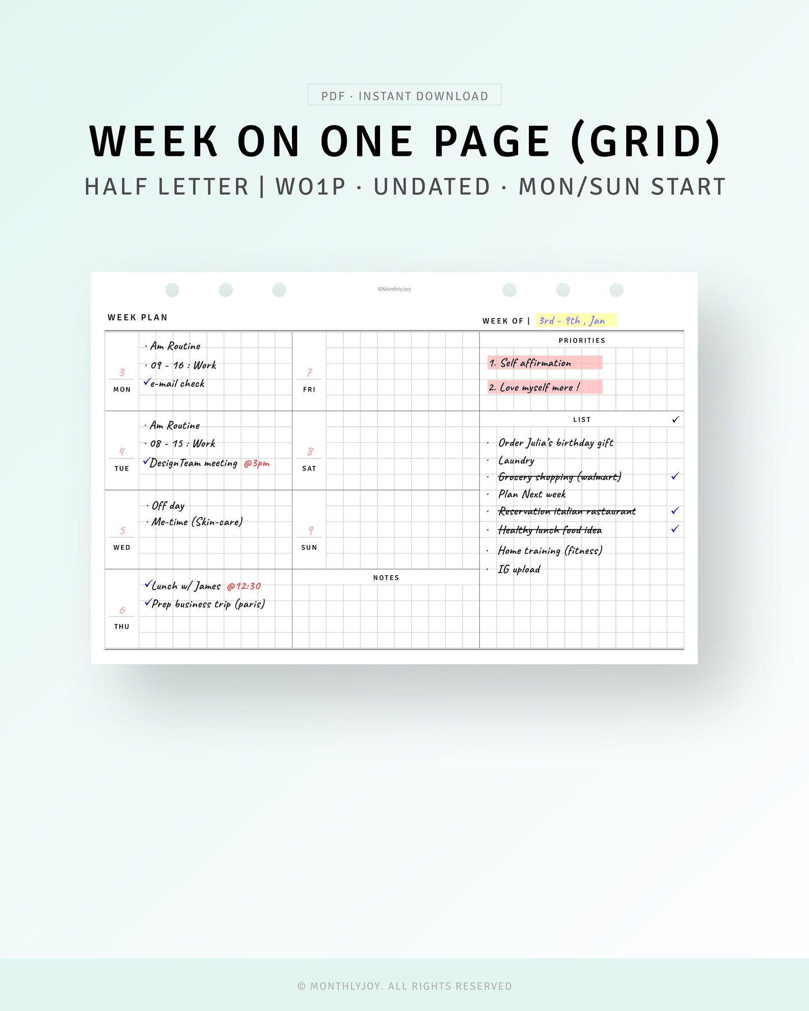 Undated Weekly Planner Half-letter Inserts Printable Week on One Page ...