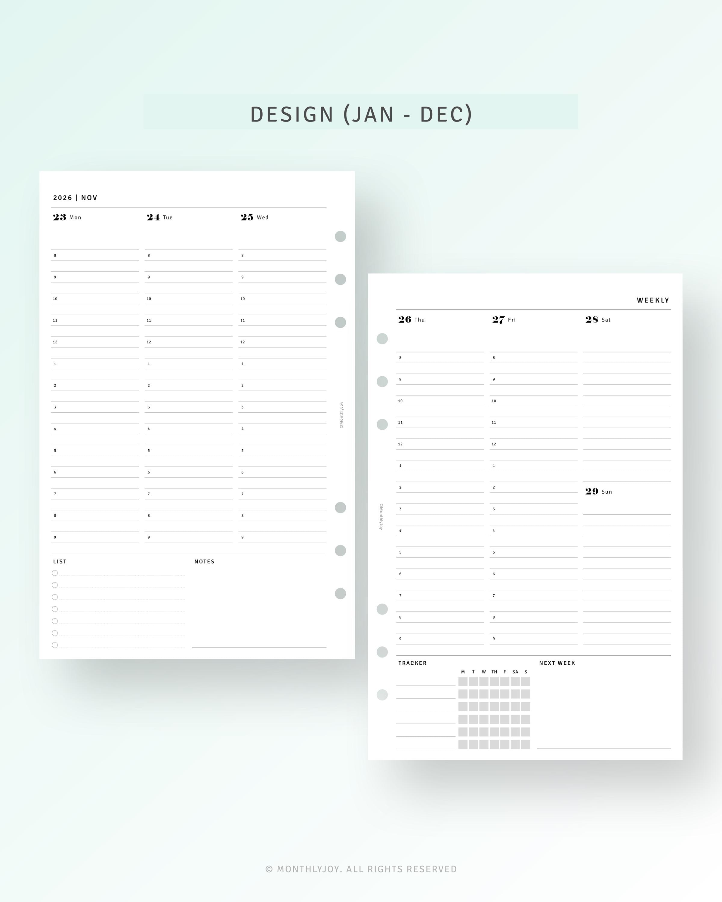 2026 Weekly Hourly Planner Half Size, WO2P Inserts Dated Printable ...