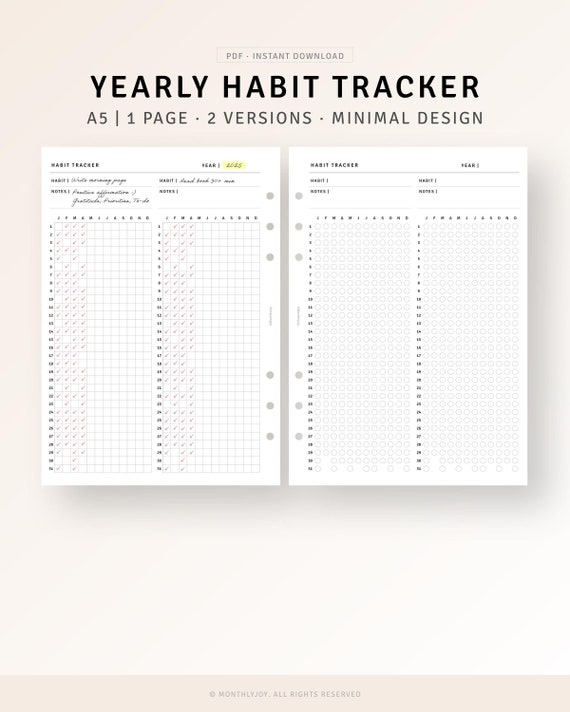 A5 Inserts, Yearly Habit Tracker Printable Daily Routine Tracker Template, A Year in Pixel, Goal Tracker for Diet Fitness Study, Habit Log