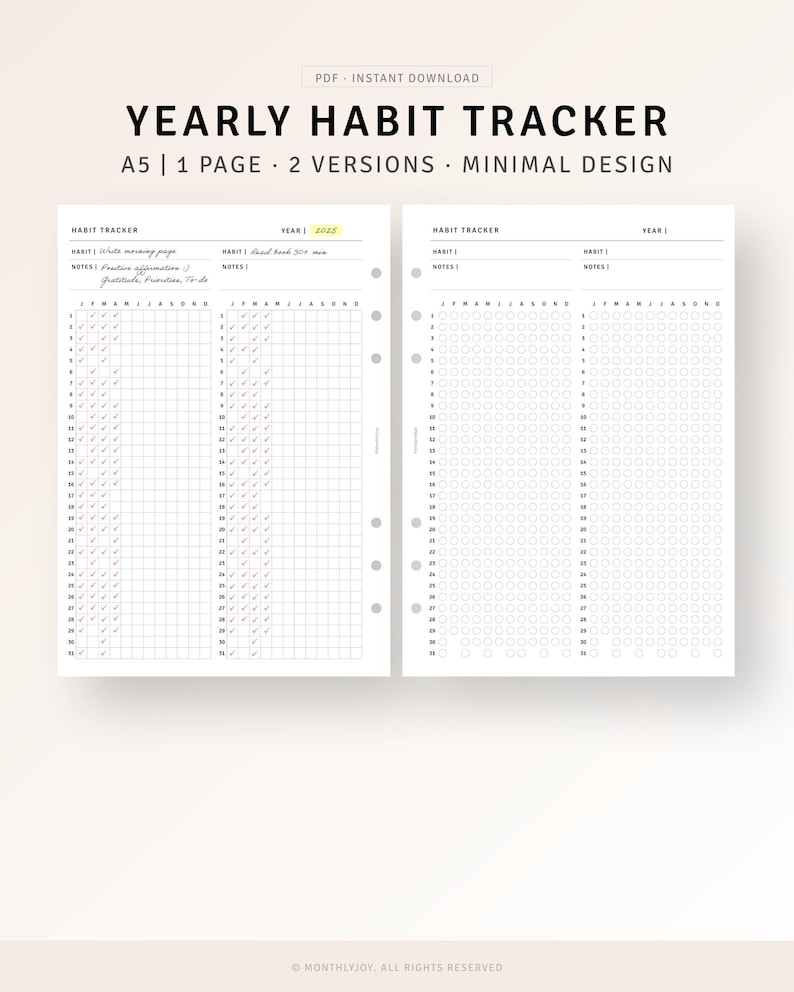 Op de afbeelding: Een zwart-witte printbare A5 jaarlijkse gewoontetracker met twee versies. De eerste versie heeft een vakjesraster voor elke dag van het jaar. De tweede versie heeft een cirkelraster voor elke dag van het jaar. De tekst "YEARLY HABIT TRACKER" staat bovenaan de pagina. De tekst "A5 | 1 PAGE | 2 VERSIONS | MINIMAL DESIGN" staat onder de titel. De tekst "MONTHLYJOY, ALL RIGHTS RESERVED" staat onderaan de pagina.