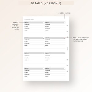 Puede incluir: Una p&aacute;gina de planificador de administrador de contrase&ntilde;as imprimible con 8 bloques para el sitio web, el nombre de usuario, el correo electr&oacute;nico, la contrase&ntilde;a y las notas. La p&aacute;gina incluye una casilla de verificaci&oacute;n para marcar cuando se ha actualizado una contrase&ntilde;a.