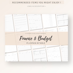 May include: A digital printable bundle of 15+ finance and budget planner pages. The pages are designed in a minimalist style with black text and lines on a white background. The text "Finance & Budget Planner Bundle" is featured in a black cursive font.