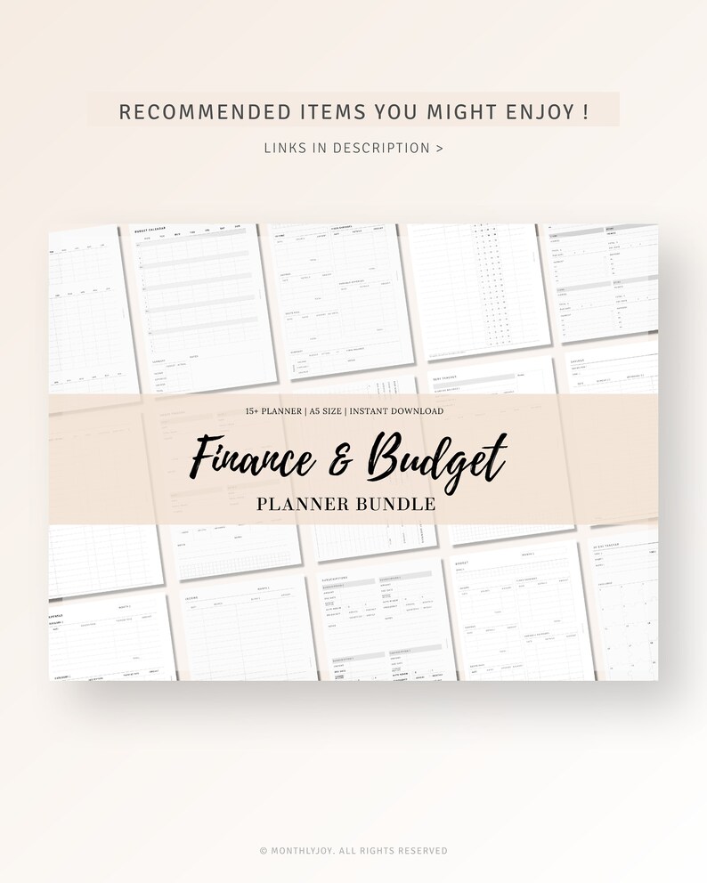 May include: A digital printable bundle of 15+ finance and budget planner pages. The pages are designed in a minimalist style with black text and lines on a white background. The text "Finance & Budget Planner Bundle" is featured in a black cursive font.