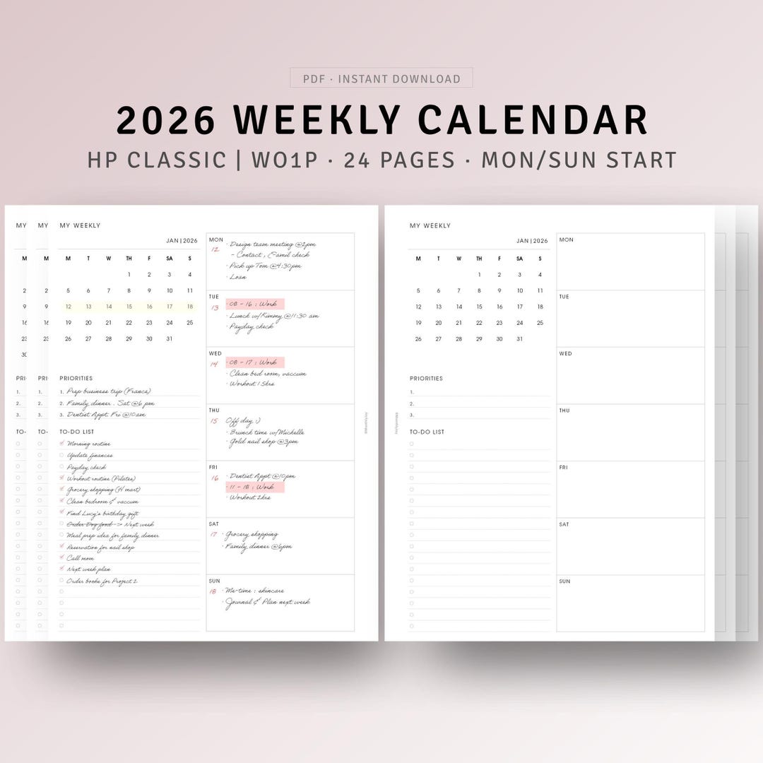 2026 Weekly Calendar HP Classic Inserts, Week on 1 Page Planner Weekly ...