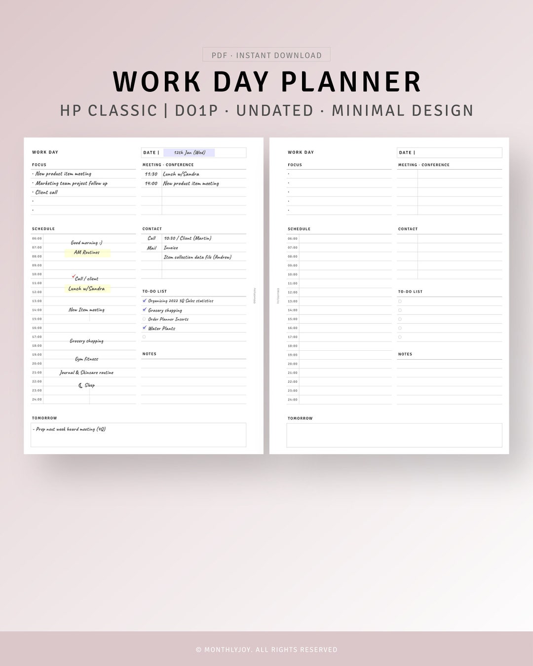 Daily Work Planner Printable HP Classic Inserts, Personal Schedule ...