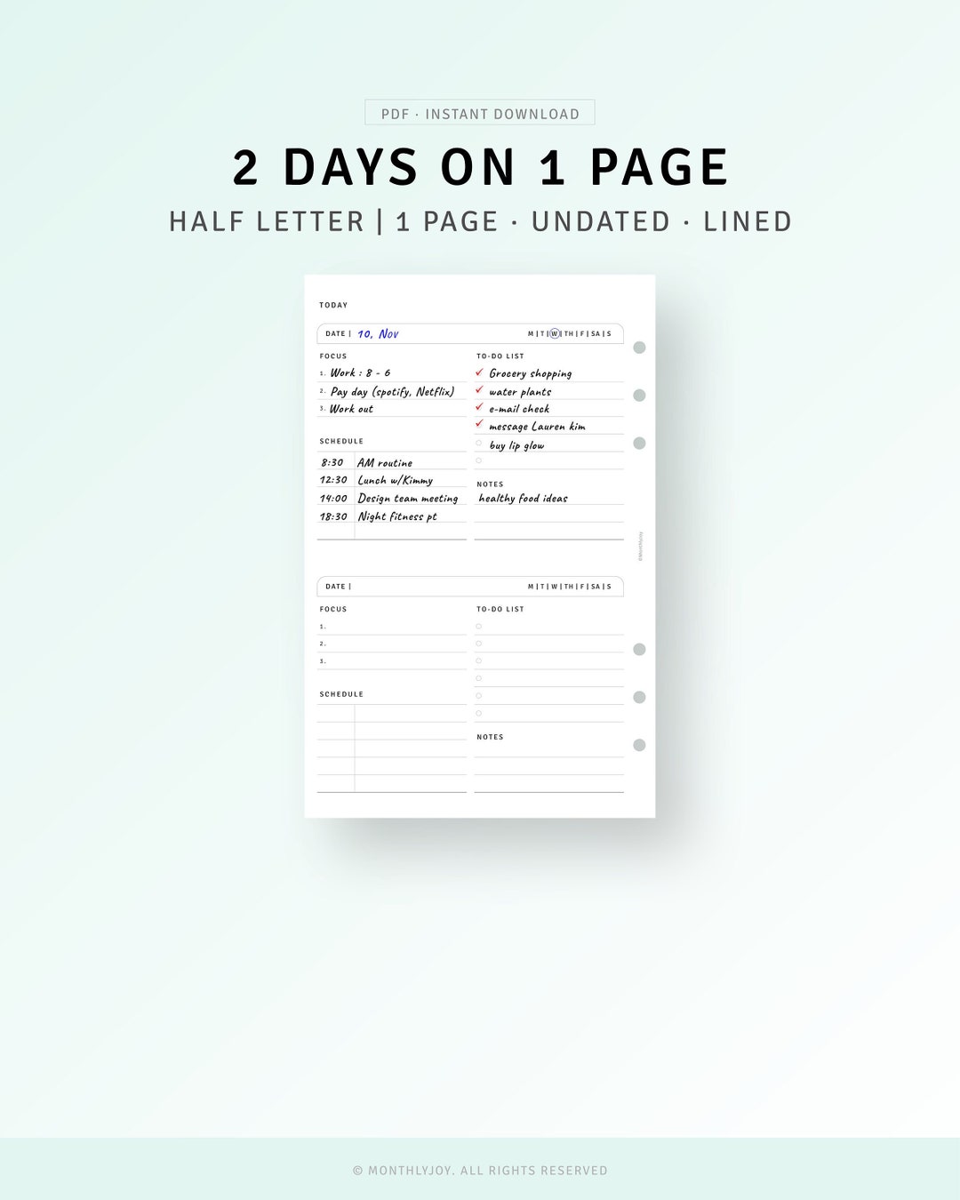 2 Days on 1 Page Printable Half-letter Inserts Undated Daily - Etsy