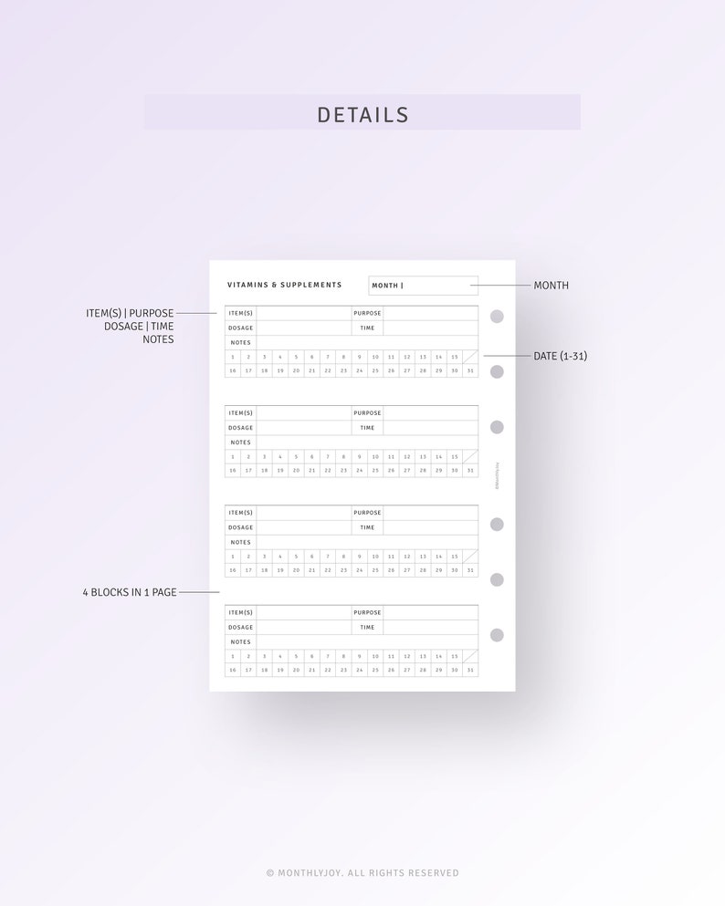 May include: A printable planner page for tracking vitamins and supplements. The page is divided into four sections, each with columns for item, dosage, time, purpose, and notes. The page is designed for use with a disc-bound planner.