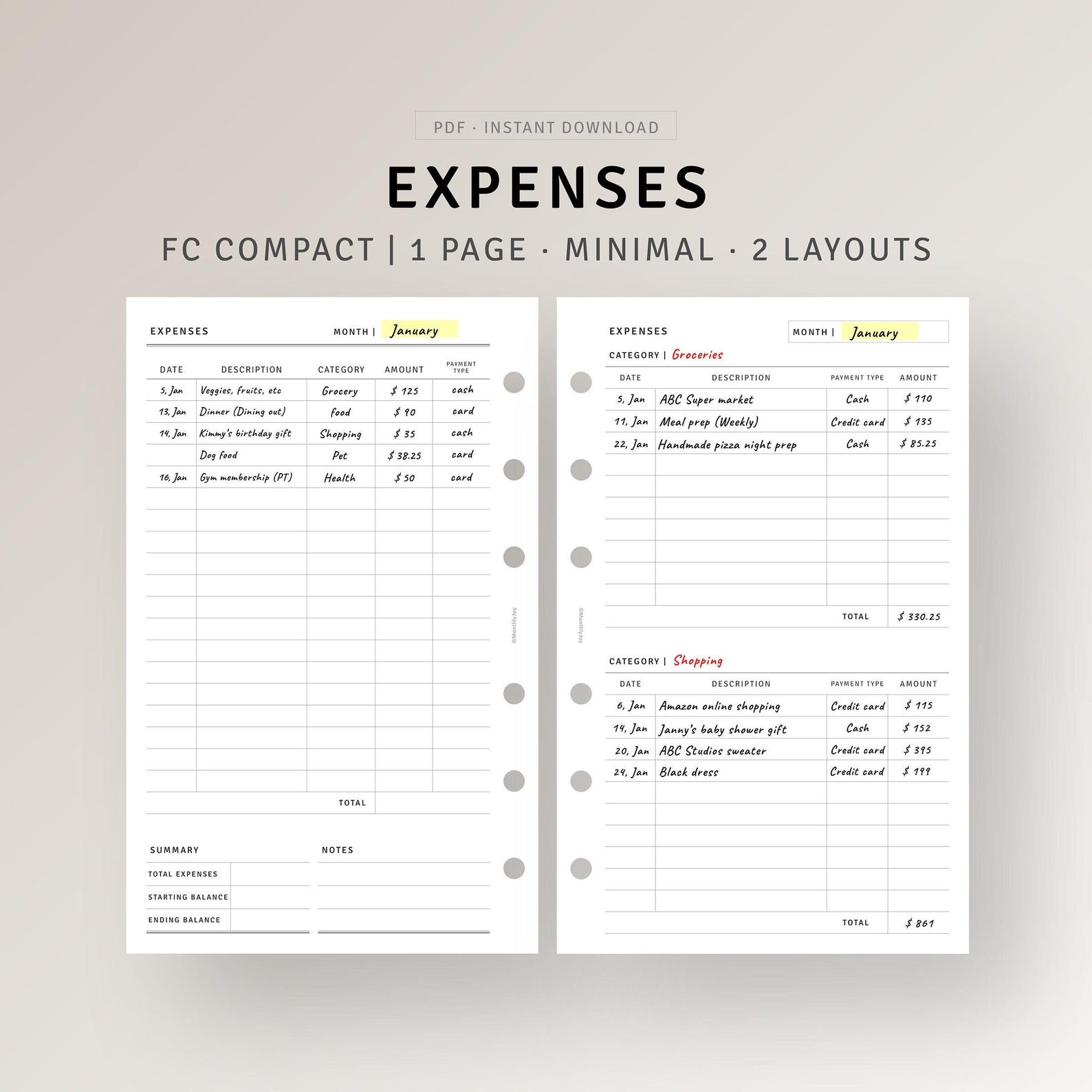 Spending Tracker FC Compact Ring Printable Money Expense Log, Monthly ...