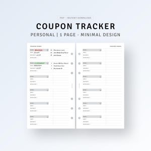 Coupon Tracker Printable Personal Size | Discount Code Organizer Inserts, Save Money, Finance Budget Planner Refill, Instant Download PDF