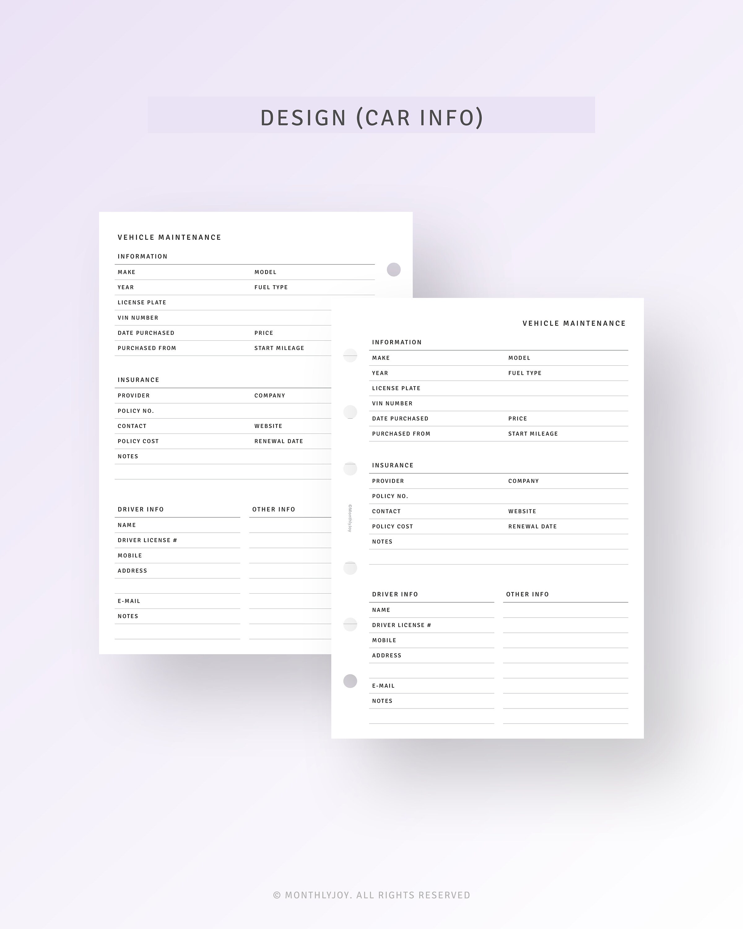 Car Maintenance Log A6 Planner Inserts Printable Household Vehicle Care ...