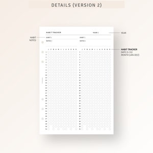 Op de afbeelding: Een zwart-witte printbare gewoontetracker met een raster van cirkels voor elke dag van de maand. De tracker bevat secties voor gewoonte-notities en een jaargedeelte. De tekst "HABIT TRACKER DATE (1-31) MONTH (JAN-DEC)" staat onderaan de pagina.