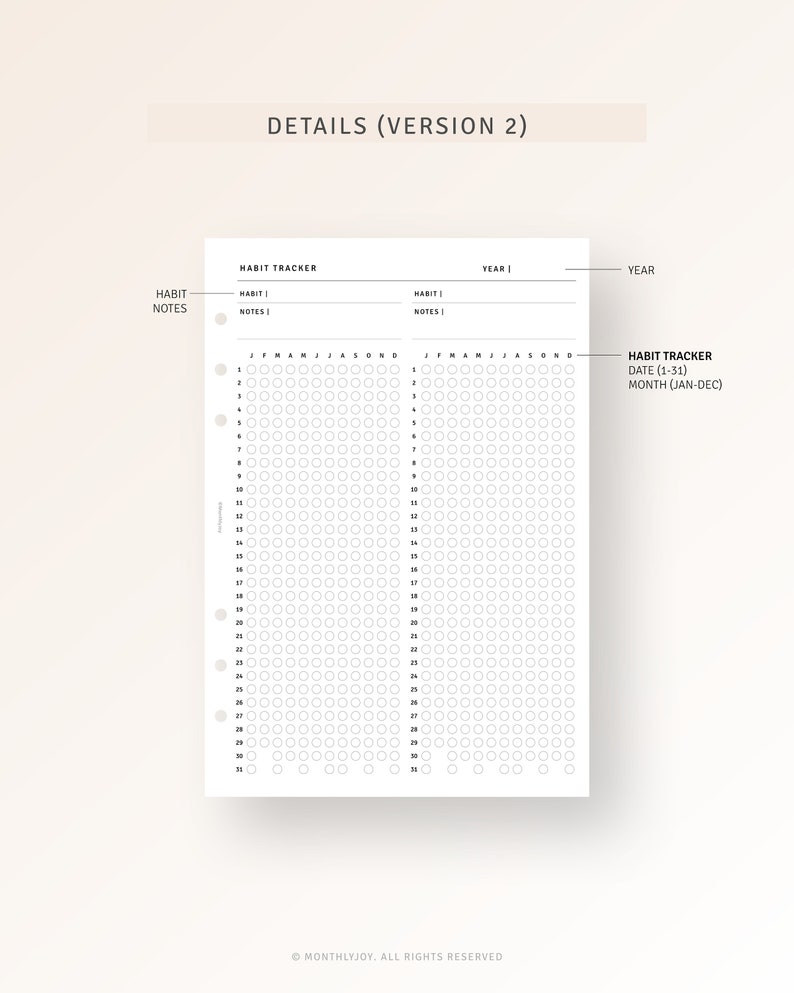 Op de afbeelding: Een zwart-witte printbare gewoontetracker met een raster van cirkels voor elke dag van de maand. De tracker bevat secties voor gewoonte-notities en een jaargedeelte. De tekst "HABIT TRACKER DATE (1-31) MONTH (JAN-DEC)" staat onderaan de pagina.
