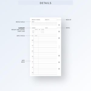 May include: A printable planner page with a weekly fitness tracker, weekly goals section, and notes section. The page is designed for a personal planner.