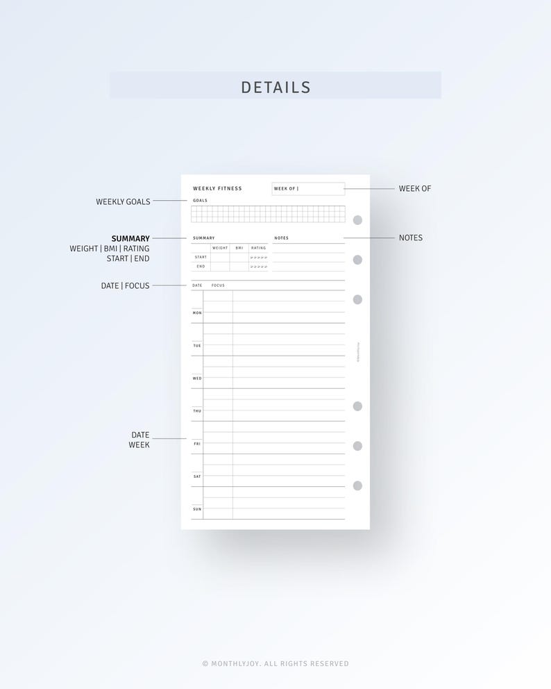 May include: A printable planner page with a weekly fitness tracker, weekly goals section, and notes section. The page is designed for a personal planner.